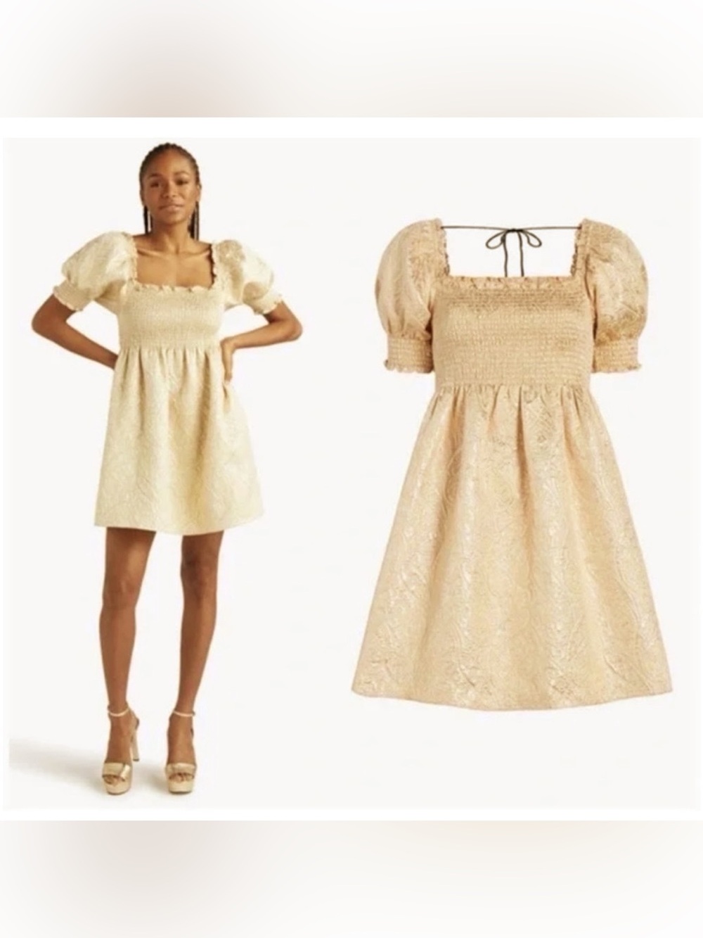 Hill House Athena Nap Dress in Gold Brocade Tie Back Size XS